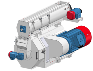 Pelletpresse MP.400-80 mit aufgesetztem Konditionierer zur Herstellung von Holz- und Biomassepellets