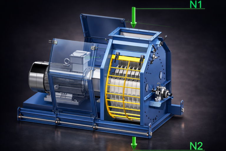 Hammermühle HM.100 zur Zerkleinerung von Biomasse mit elektrischem Antrieb, Siebkorb und geschlossenem Stahlgehäuse