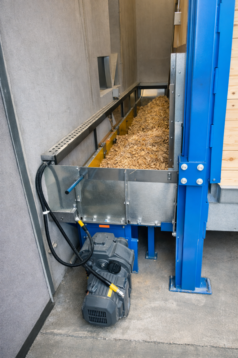 Austragungseinheit des CSB Compact Sliding Bunker mit Kastenschnecke und seitlich angeordnetem Antrieb