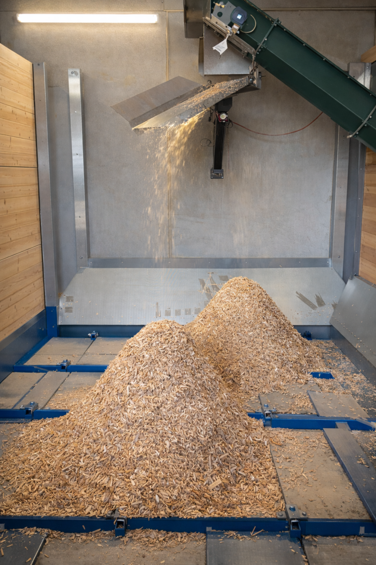 Innenansicht des CSB Compact Sliding Bunker mit hydraulischem Schubboden und gleichmäßig verteilten Hackschnitzeln