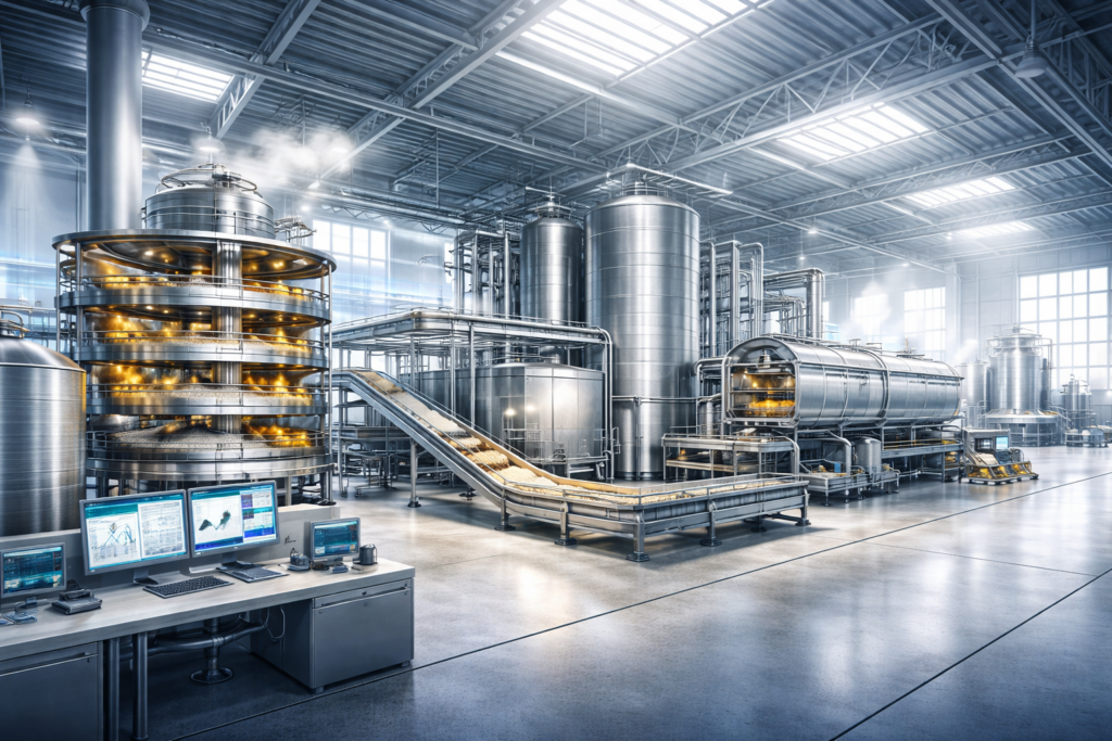 Abstrakte Industrievisualisierung eines mehrstufigen Karussell- bzw. Candy-Trockners in einem industriellen Prozessumfeld mit Fördertechnik, Dampf- und Prozessanlagen