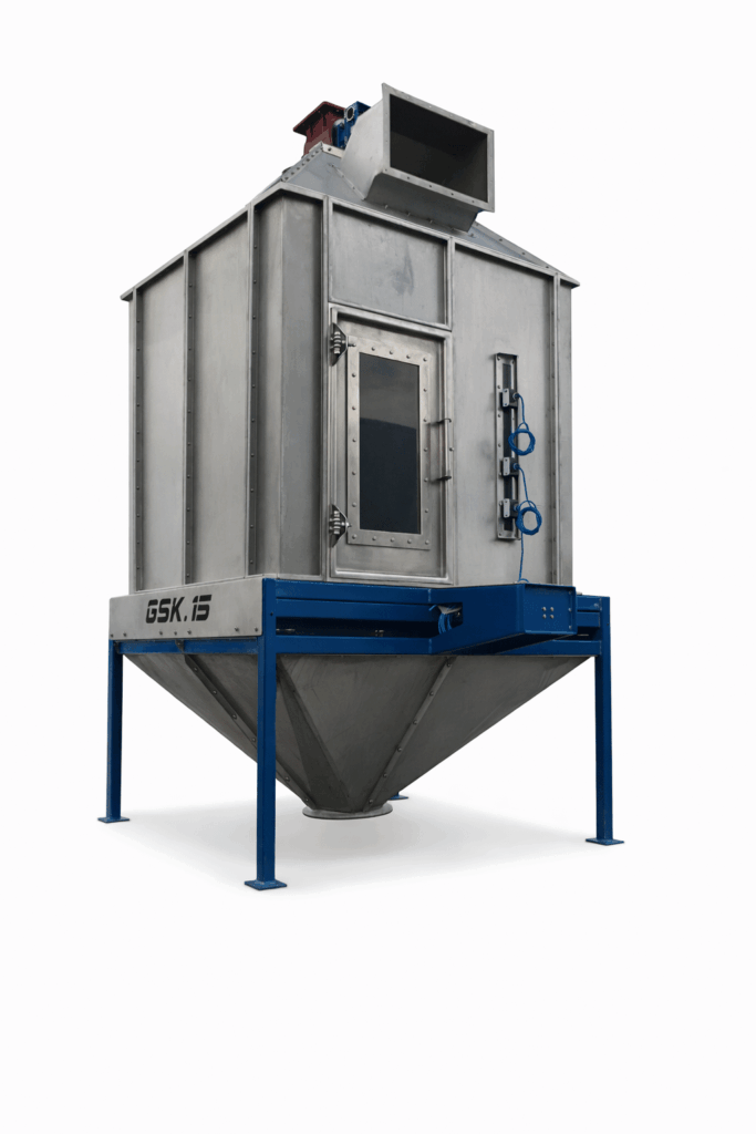 Counter-current cooler GSK.15 for cooling pelleted and free-flowing bulk materials in a closed steel design