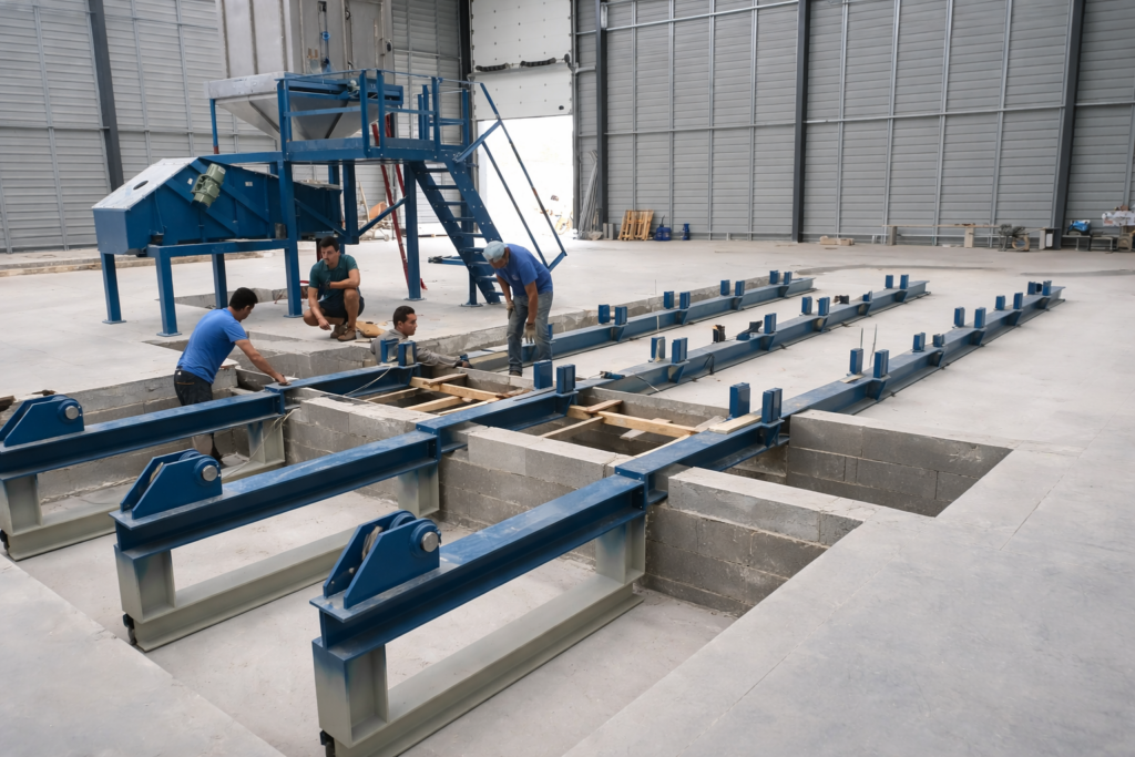 Montage einer hydraulischen Zugbodenanlage mit Schubrahmenkonstruktion für Biomasse